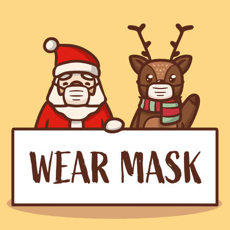 Cute reindeer and Santa holding wear mask banner campaignのイラスト素材