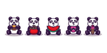 Set of cute panda eating delicious foodのイラスト素材