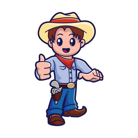 Cute kid in cowboy costume, vector cartoon illustrationのイラスト素材