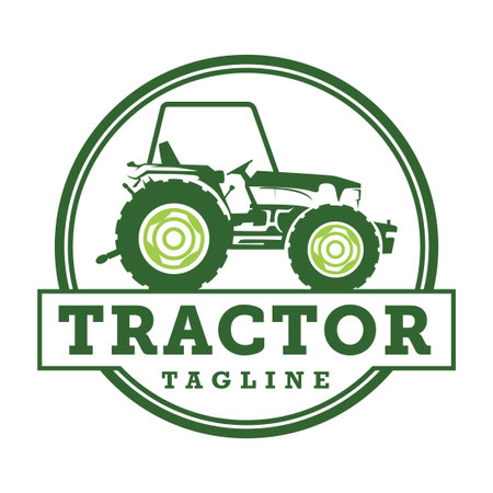 Illustration of Tractor in a ranch logo template. Ready made logo with white isolated background.のイラスト素材