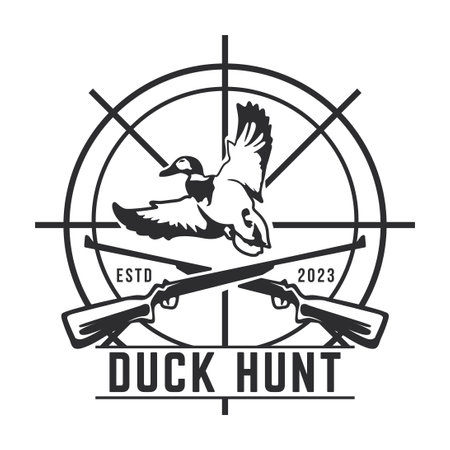 Duck Hunting Logo Emblem Silhouette with Guns and whoite isolated backgroundのイラスト素材
