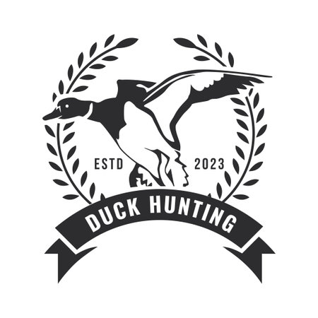 Duck Hunting Logo Emblem Silhouette with Guns and whoite isolated backgroundのイラスト素材