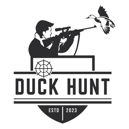 Duck Hunting Logo Emblem Silhouette with Guns and whoite isolated backgroundのイラスト素材