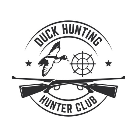 Duck Hunting Logo Emblem Silhouette with Guns and whoite isolated backgroundのイラスト素材