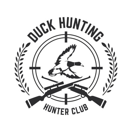 Duck Hunting Logo Emblem Silhouette with Guns and whoite isolated backgroundのイラスト素材