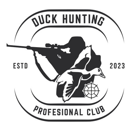 Duck Hunting Logo Emblem Silhouette with Guns and whoite isolated backgroundのイラスト素材