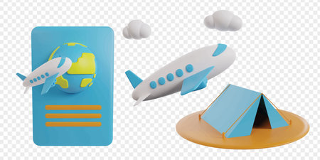 Travel holiday 3d icons render clipart. Adventure vector illustration template.のイラスト素材