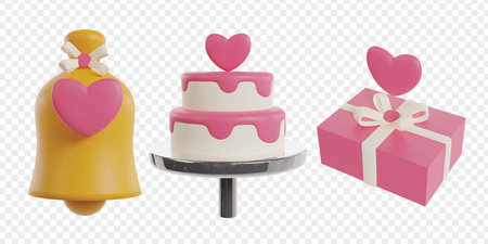 Wedding 3d icons render clipart. Romance valentine vector illustration template.のイラスト素材