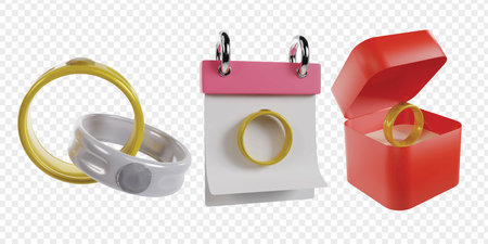 Wedding 3d icons render clipart. Romance valentine vector illustration template.のイラスト素材