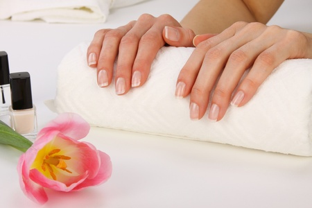Woman in a nail salon receiving a manicureの写真素材
