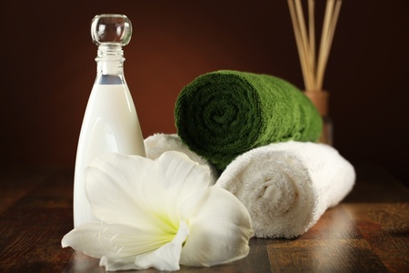 Spa Concept - lotion, soap and towelsの写真素材