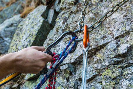 Self-arrest on the rappel stance position in anticipation of the free ropeの写真素材