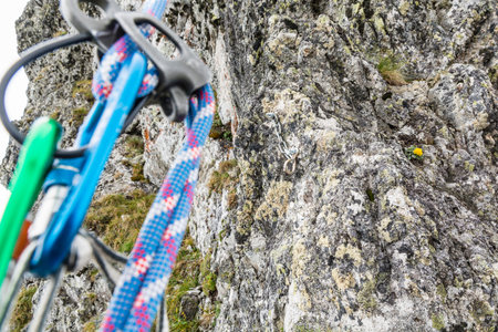Fixed rappel stance prepared in the mountains seen during abseil
