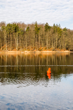 Red buoy in the lake surrounded by trees.