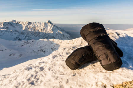 Mittens with high mountains in the background.の写真素材