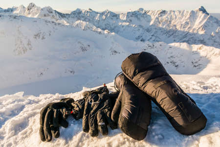Set glove in the mountains in winter expeditions.の写真素材