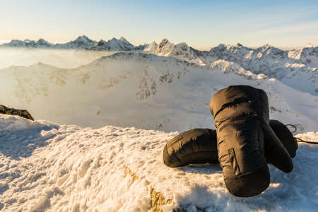 Mittens and mountain ridge in the background.の写真素材