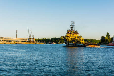 Gdansk, Poland - June 7, 2016: Specialized ship for the construction of pipelines entering the port of Gdansk in Poland.のeditorial素材