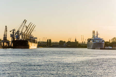 Gdansk, Poland - June 7, 2016: Ships in the harbor of the Dead Vistula River (Martwa Wisla) in Gdansk.のeditorial素材