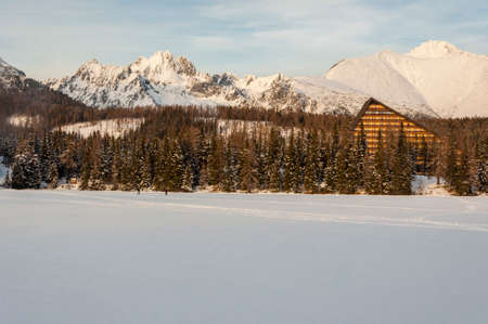 Strbske Pleso, Slovakia - February 15, 2014: Characteristic Hotel in the High Tatras over the frozen Lake Strbske pleso and mountain view.のeditorial素材