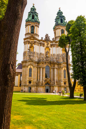 Krzeszow, Poland - July 14, 2014: Krzeszow Cistercian abbey - Facade Basilica of the Assumption of the Blessed Virgin Mary.のeditorial素材