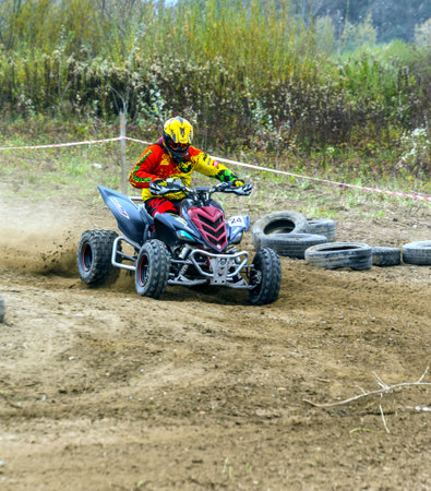 Biskupice Radlowskie, Poland - October 22, 2017: Man during a training quad bike ride.