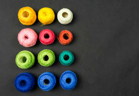 Multicolor crochet threads with place for description.の写真素材