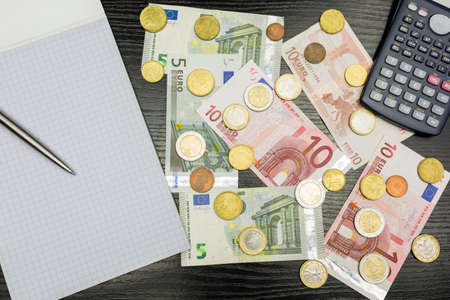 Calculations and checking of earnings in euro currency.の写真素材