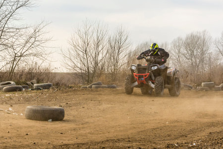 Biskupice Radlowskie, Poland - January 14, 2018: Quick quad driving training on the off-road.のeditorial素材