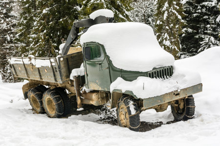Zdiar, Slovakia - February 11, 2018: Snow covered Prague V3S open truck. Is an all-terrain multi-purpose truck, produced in Czechoslovakia.のeditorial素材
