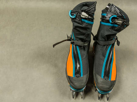 Niedomice, Poland - February 14, 2018: Mountaineering boots are fitted with automatic crampons.のeditorial素材