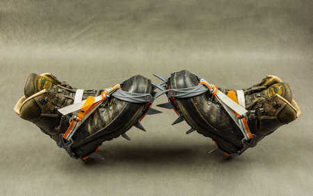 Niedomice, Poland - February 14, 2018: The presentation hiking boots with classic binding crampons.のeditorial素材