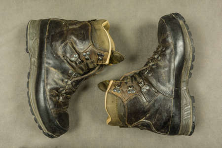 Niedomice, Poland - February 14, 2018: Leather hiking boots (Mountain walking) - Meindl Engadin.のeditorial素材