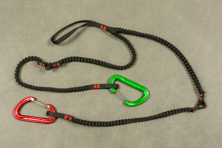 Niedomice, Poland - February 14, 2018: Lanyards - elastic sling to attach to ice axes - DMM Freedom...