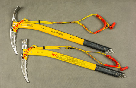 Niedomice, Poland - February 14, 2018: Ice axes - Grivel Air Tech Evolution (hammer and adze).