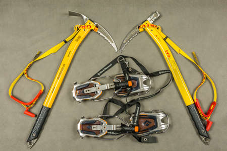 Niedomice, Poland - February 14, 2018: Personal equipment for a tourist or climber during winter treks.のeditorial素材