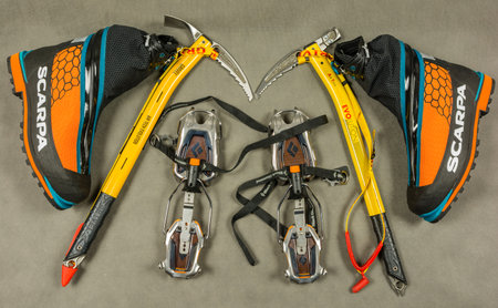 Niedomice, Poland - February 14, 2018: Personal equipment and mountaineering footwear for a hiker or...