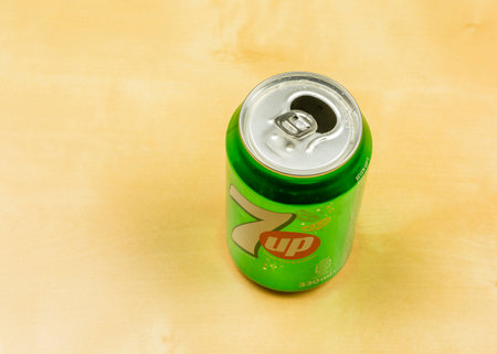 Niedomice, Poland - March 09, 2018: Open can with non-alcoholic carbonated drink 7up.のeditorial素材