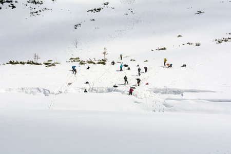 Zakopane, Poland - April 07, 2018: Winter mountaineering course. Training extends the partner from...