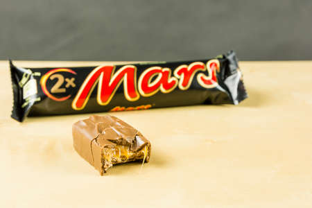 Niedomice, Poland - June 08, 2018: Bitten chocolate bar - Mars.のeditorial素材