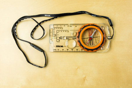 Niedomice, Poland - June 08, 2018: Inclinometer and orienteering compass with lanyard - Silva. View...