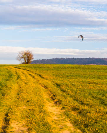 Wegierska Gorka, Poland - November 11, 2018: Kite for sport kiteboarding against the sky with clouds at sunset.のeditorial素材