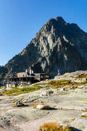 Tatranska Lesna, Slovakia - September 08, 2021: The mountain chalet of Teryego (Teryho chata, Treynka) against the background of Mount Posrednia Gran (Prostredny hrot).のeditorial素材