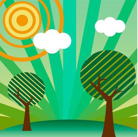 Retro style landscape with tree, sun and clouds. Editable vectorのイラスト素材