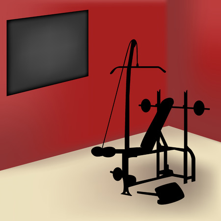 Gym equipment in red room with board for announceのイラスト素材