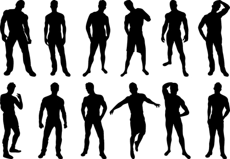 Set of 12 sexy men silhouettes on white backgroundのイラスト素材