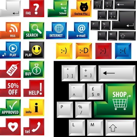 Black and White vector keyboards with 24 different keys and subjectsのイラスト素材