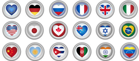 Set of 18 buttons of several countries heart shaped flagsのイラスト素材
