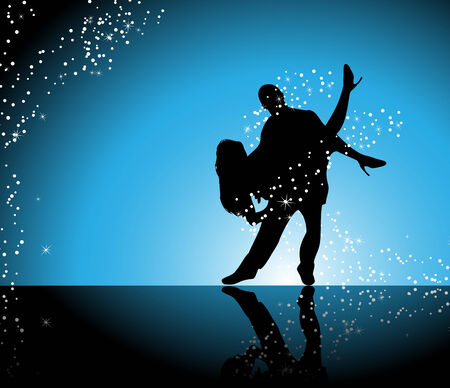 Couple dancing on blue background surrounded by sparkling starsのイラスト素材