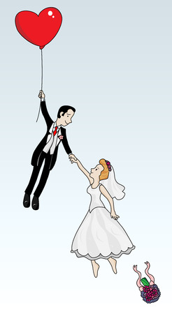 Just married couple flying with a heart shaped balloon. Highly detailed vector image.のイラスト素材